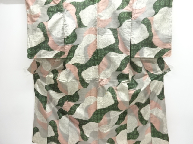 JAPANESE KIMONO / ANTIQUE KIMONO / SILK / TSUMUGI / WOVEN ABSTRACT PATTERN
